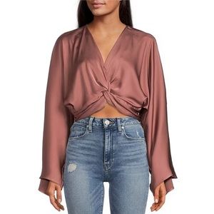 Satin Twist V Neck Long Flare Sleeve Top